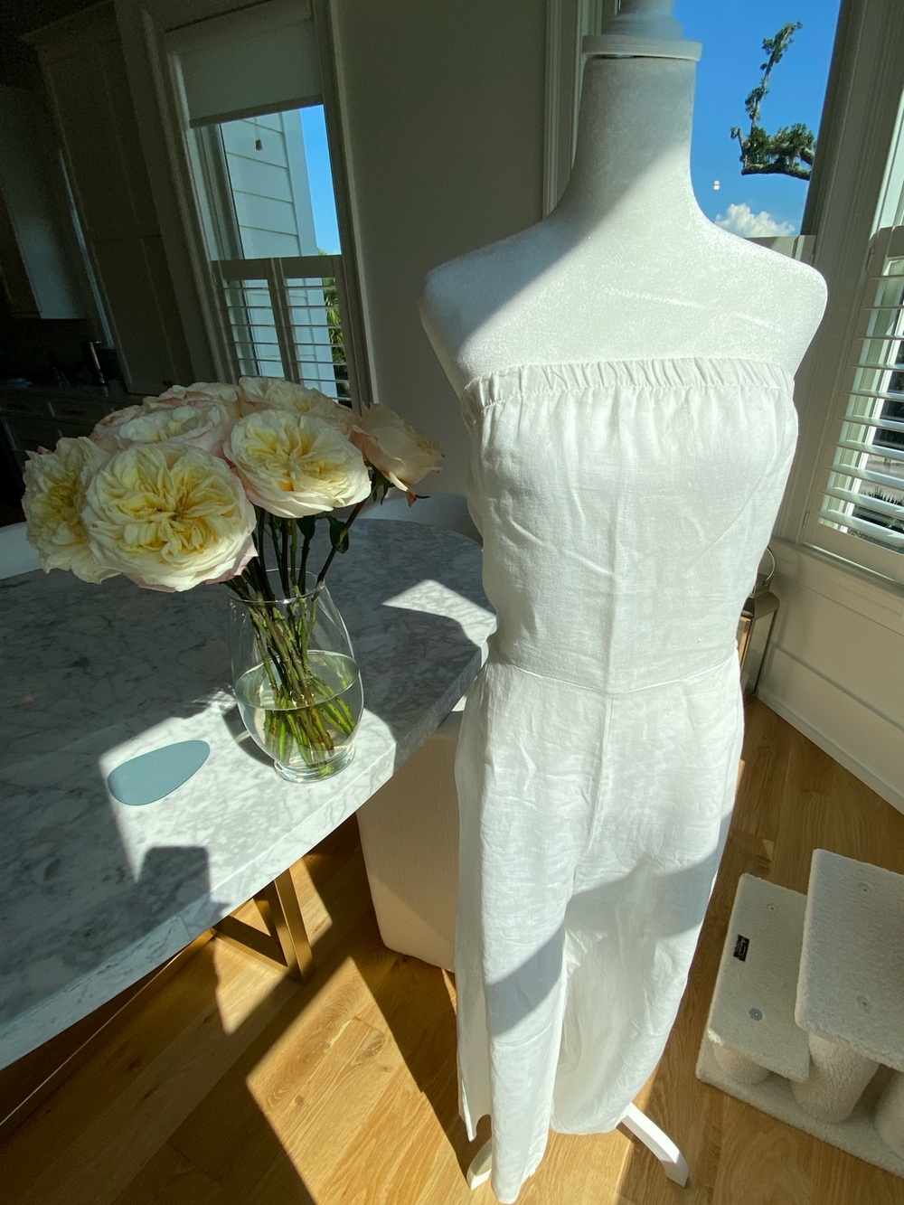 Strapless White Linen-Blend Jumpsuit